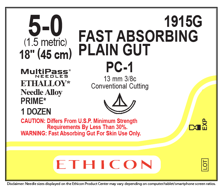 Suture with Needle Fast Absorbing Absorbable Uncoated Undyed Suture Plain Gut Size 5 - 0 18 Inch Suture 1-Needle 13 mm Length 3/8 Circle Precision Cosmetic - Conventional Cutting PRIME Needle by Ethicon - Suture  J & J Healthcare Systems  ID 1915G
